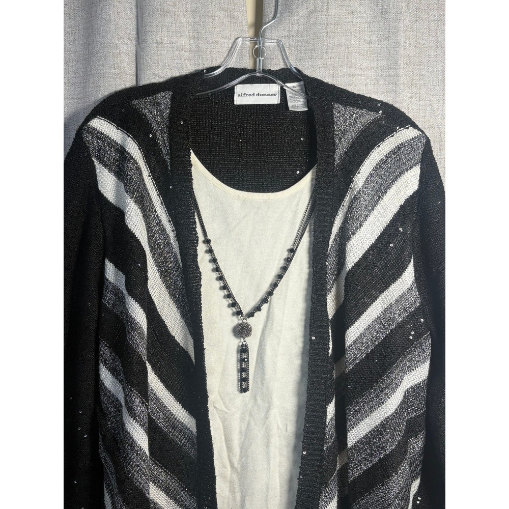Alfred Dunner Womens XL Cardigan Sweater Set Sequin Chevron Striped Necklace